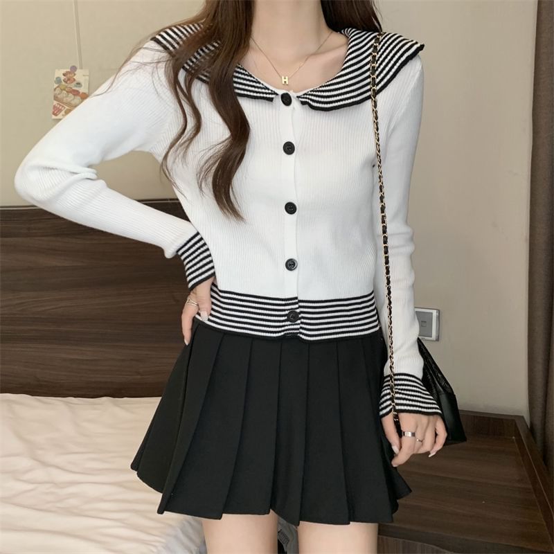 Long-Sleeve Panel Top Ribbed Button Knit Striped Collar