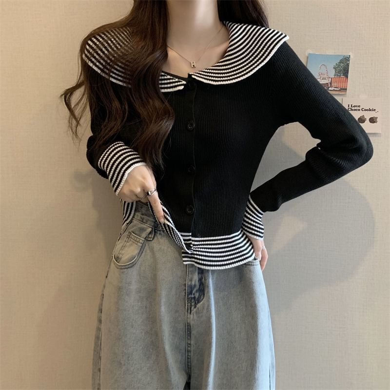 Long-Sleeve Panel Top Ribbed Button Knit Striped Collar