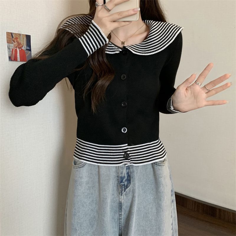 Long-Sleeve Panel Top Ribbed Button Knit Striped Collar
