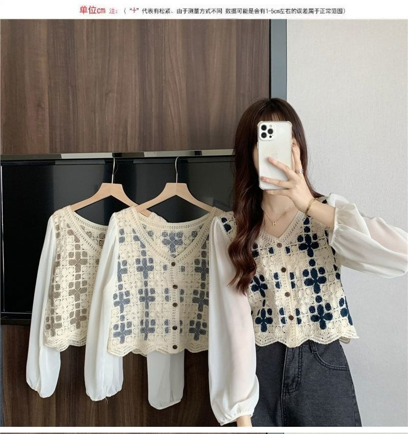 V-Neck Crochet Long-Sleeve Knit Blouse Panel