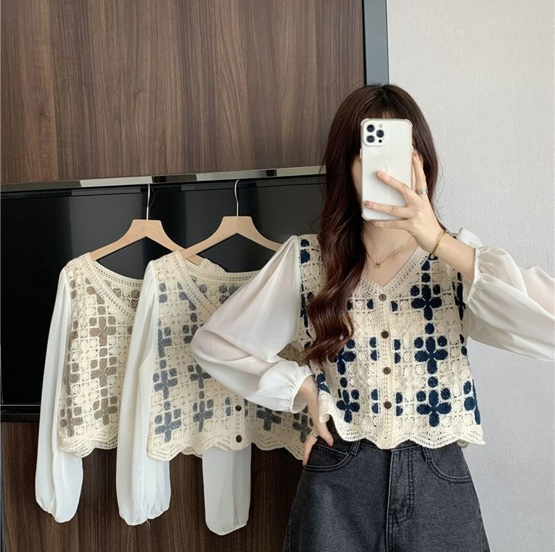 V-Neck Crochet Long-Sleeve Knit Blouse Panel