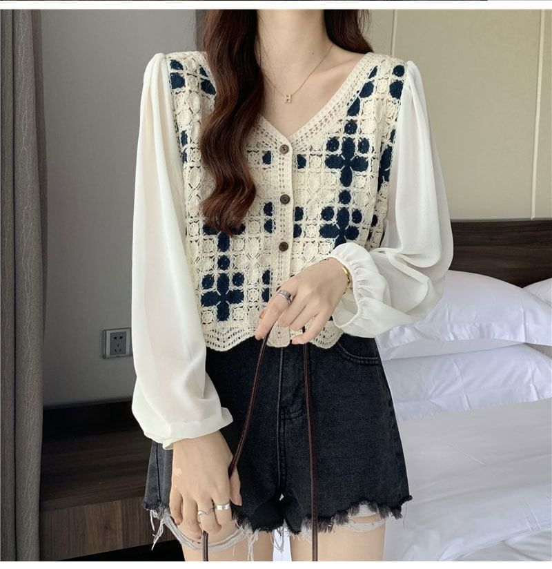 V-Neck Crochet Long-Sleeve Knit Blouse Panel