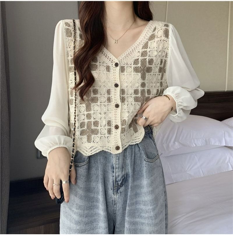 V-Neck Crochet Long-Sleeve Knit Blouse Panel