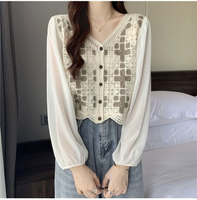 V-Neck Crochet Long-Sleeve Knit Blouse Panel