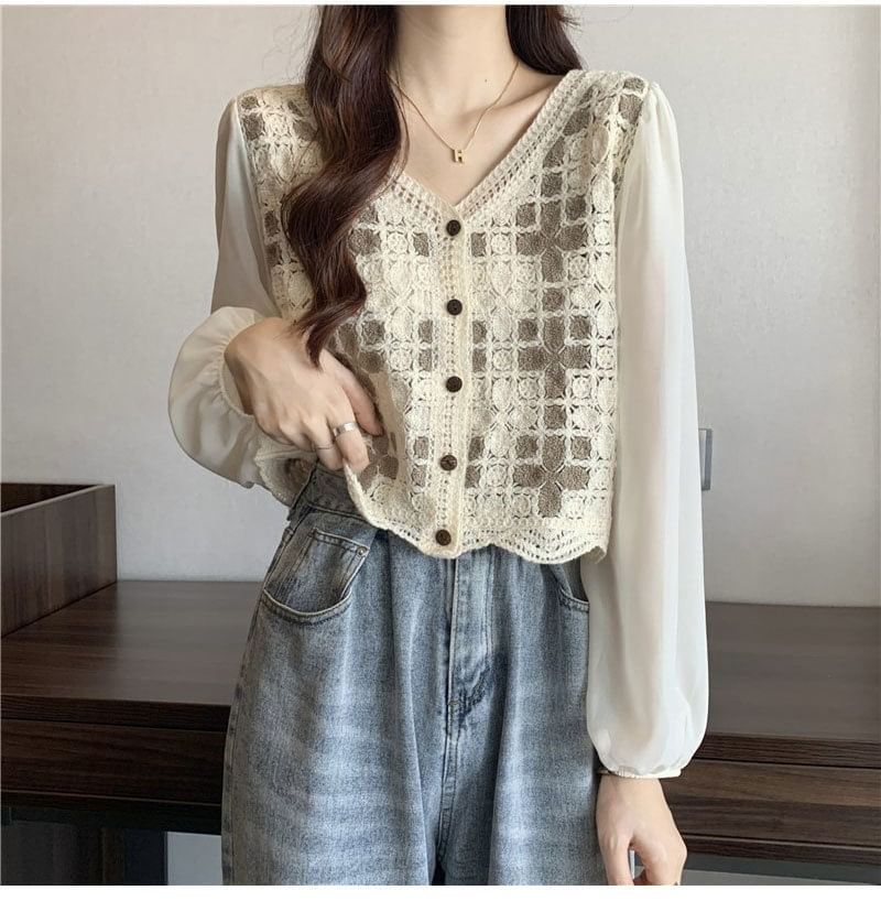 V-Neck Crochet Long-Sleeve Knit Blouse Panel