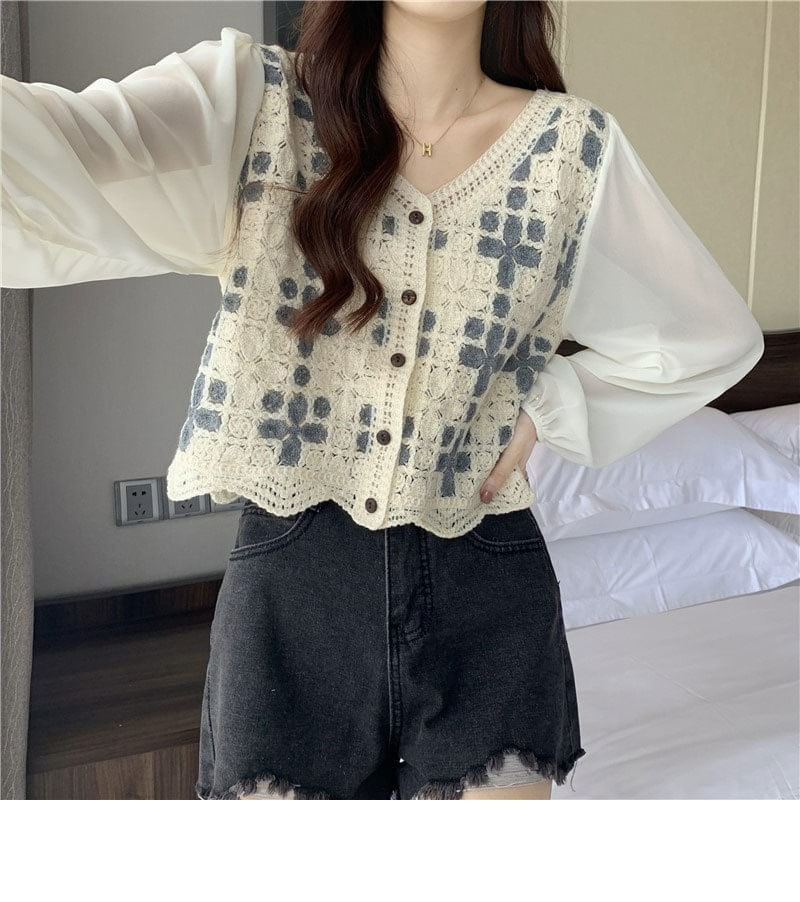 V-Neck Crochet Long-Sleeve Knit Blouse Panel