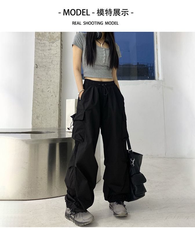 Wide Cargo Leg Pants Waist Plain Drawstring