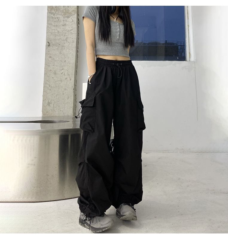 Wide Cargo Leg Pants Waist Plain Drawstring