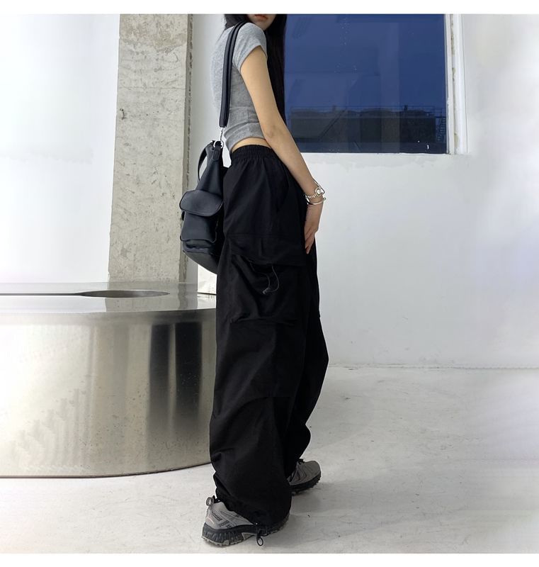 Wide Cargo Leg Pants Waist Plain Drawstring