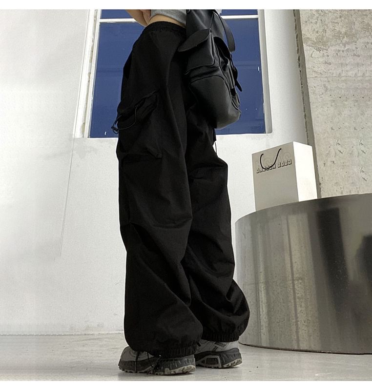 Wide Cargo Leg Pants Waist Plain Drawstring
