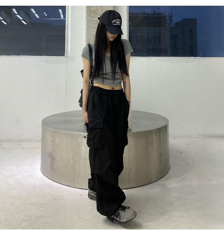 Wide Cargo Leg Pants Waist Plain Drawstring