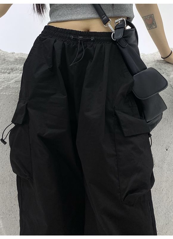 Wide Cargo Leg Pants Waist Plain Drawstring