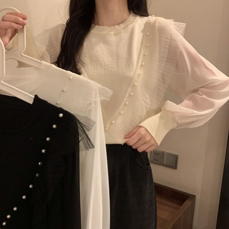 Trim Faux Neck Top Crew Ruffle Long-Sleeve Knit Plain Pearl