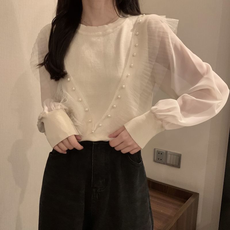 Trim Faux Neck Top Crew Ruffle Long-Sleeve Knit Plain Pearl