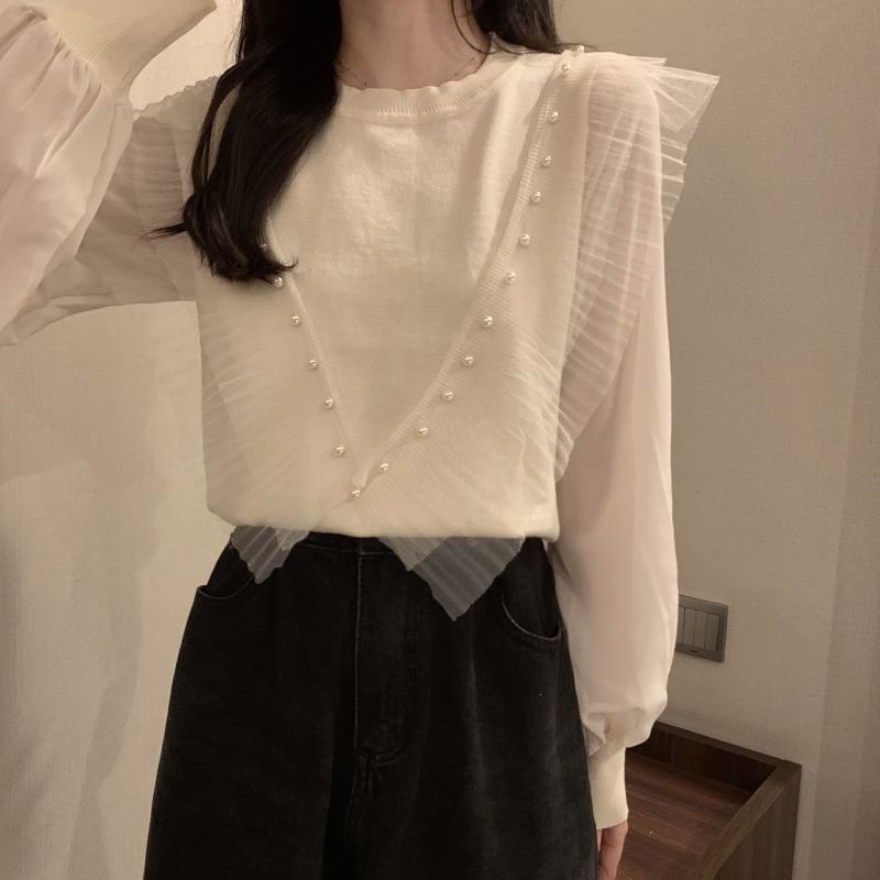 Trim Faux Neck Top Crew Ruffle Long-Sleeve Knit Plain Pearl