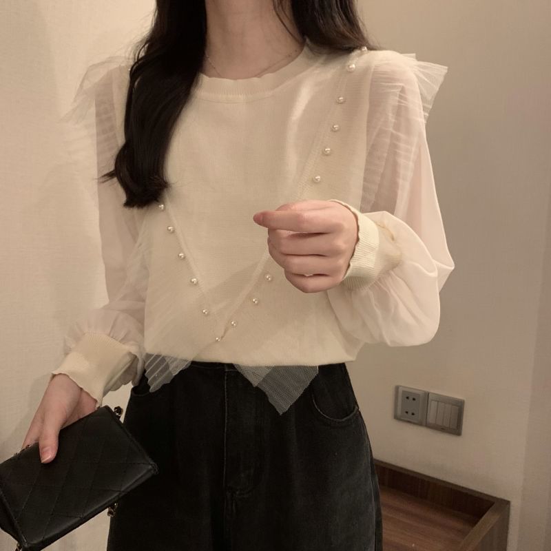 Trim Faux Neck Top Crew Ruffle Long-Sleeve Knit Plain Pearl