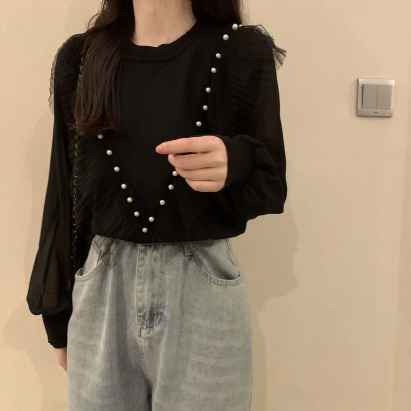 Trim Faux Neck Top Crew Ruffle Long-Sleeve Knit Plain Pearl