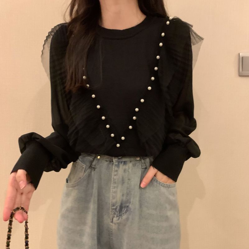Trim Faux Neck Top Crew Ruffle Long-Sleeve Knit Plain Pearl