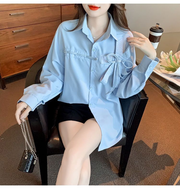 Plain Bow Accent Shirt Long-Sleeve