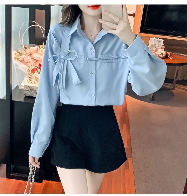 Plain Bow Accent Shirt Long-Sleeve