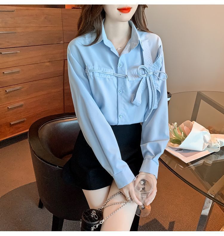 Plain Bow Accent Shirt Long-Sleeve
