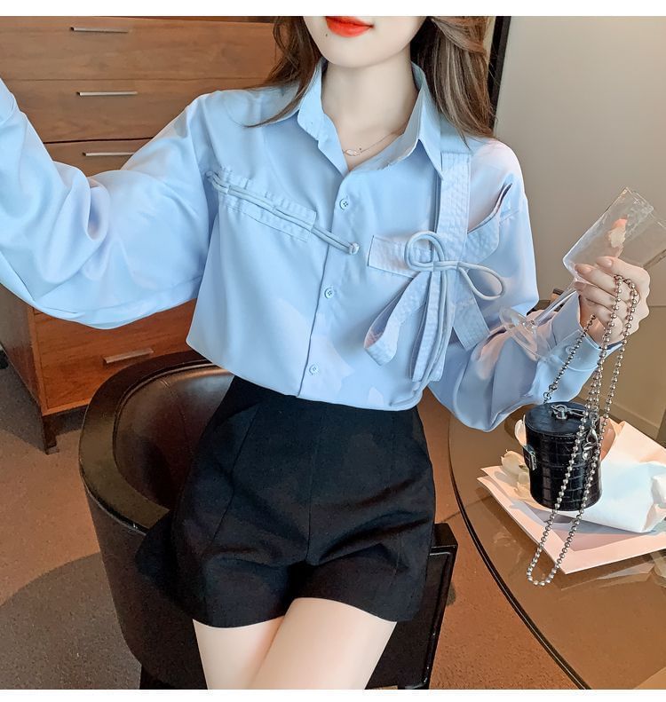 Plain Bow Accent Shirt Long-Sleeve