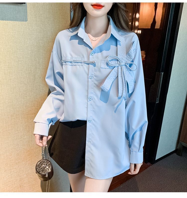 Plain Bow Accent Shirt Long-Sleeve