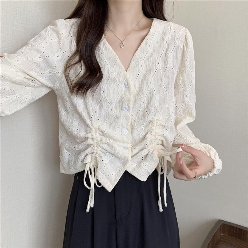Long-Sleeve Eyelet Blouse Plain V-Neck Drawstring