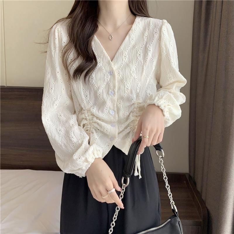 Long-Sleeve Eyelet Blouse Plain V-Neck Drawstring