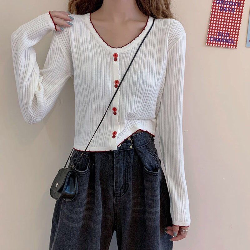 Button Long-Sleeve Contrast Knit Trim V-Neck Ribbed Crop Top