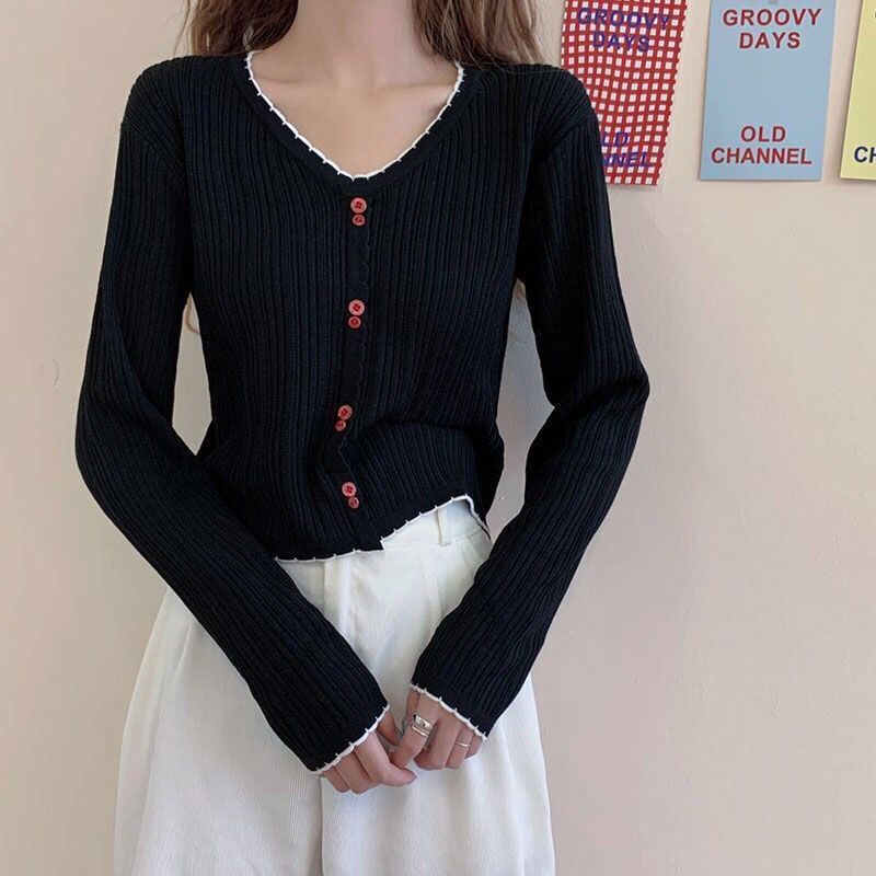 Button Long-Sleeve Contrast Knit Trim V-Neck Ribbed Crop Top