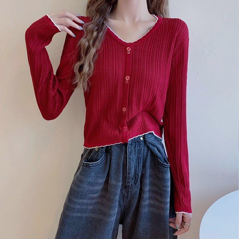 Button Long-Sleeve Contrast Knit Trim V-Neck Ribbed Crop Top