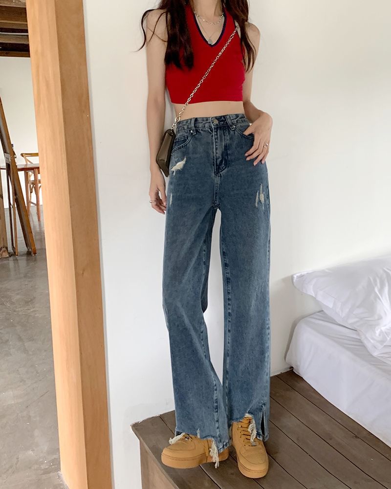 High Fit Waist Distressed Loose Jeans