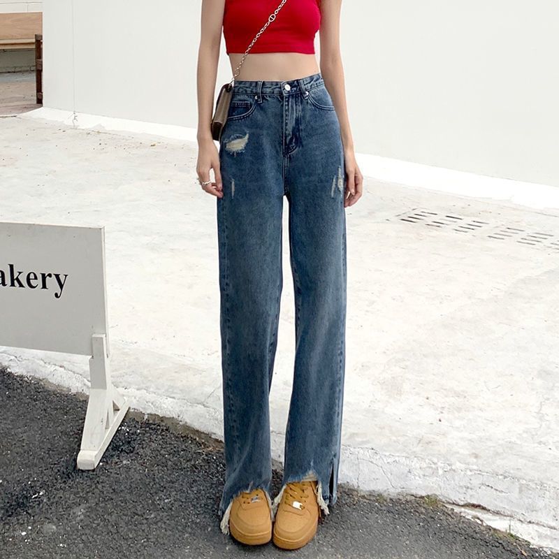 High Fit Waist Distressed Loose Jeans