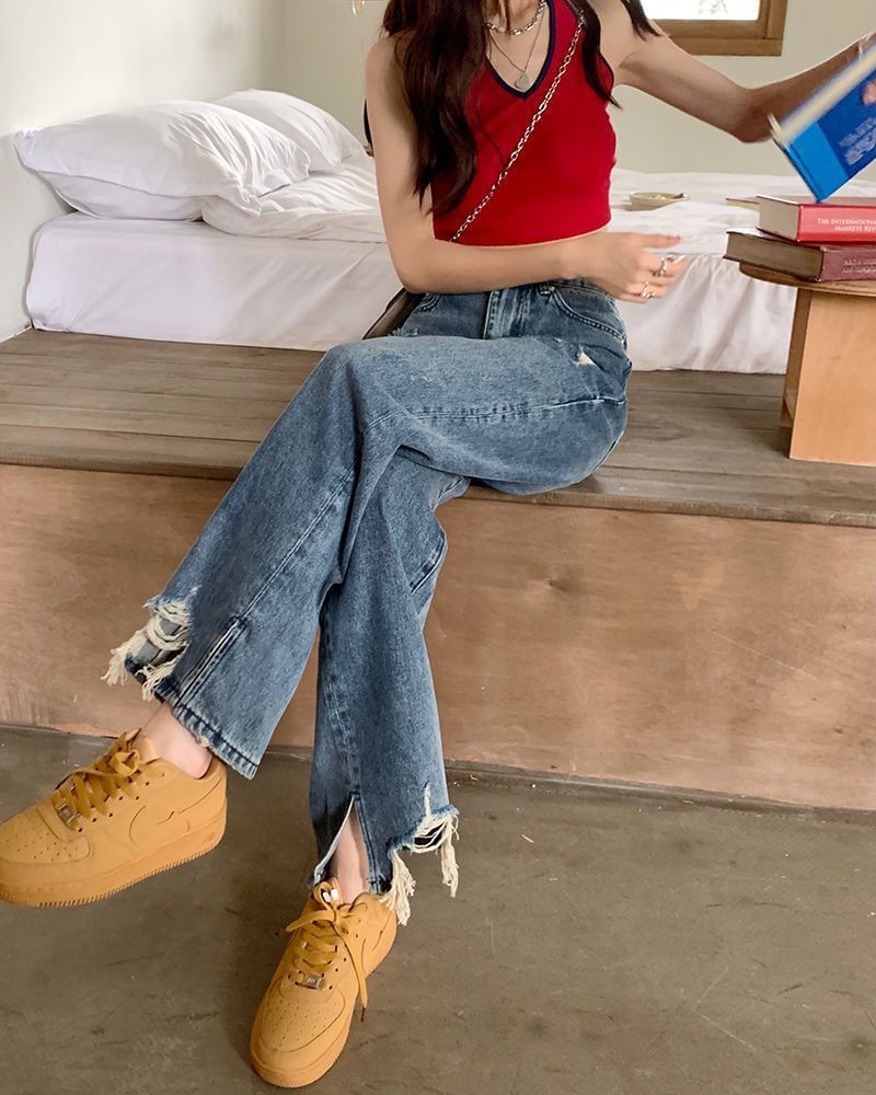 High Fit Waist Distressed Loose Jeans