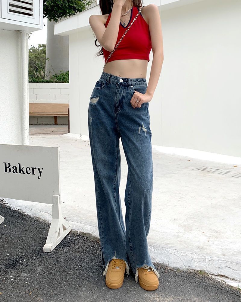 High Fit Waist Distressed Loose Jeans