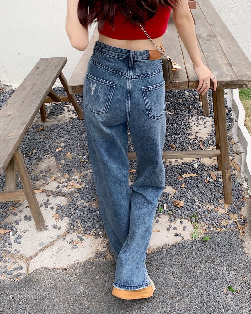 High Fit Waist Distressed Loose Jeans