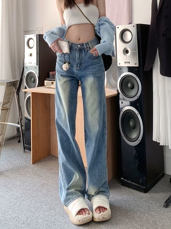 Wide Waist Washed Jeans Leg High