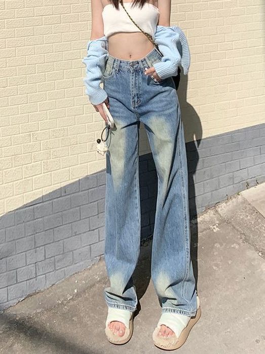Wide Waist Washed Jeans Leg High