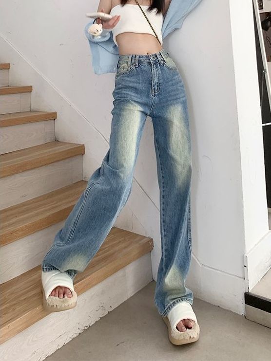 Wide Waist Washed Jeans Leg High