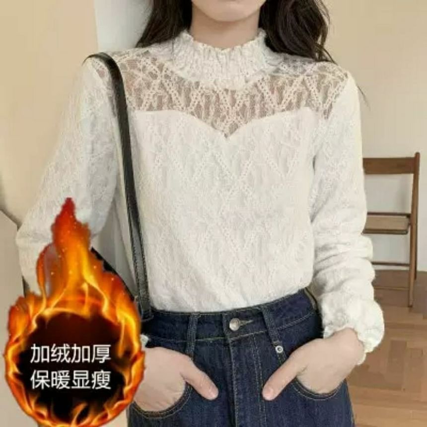 Long-Sleeve Neck Mock Lace Plain Top