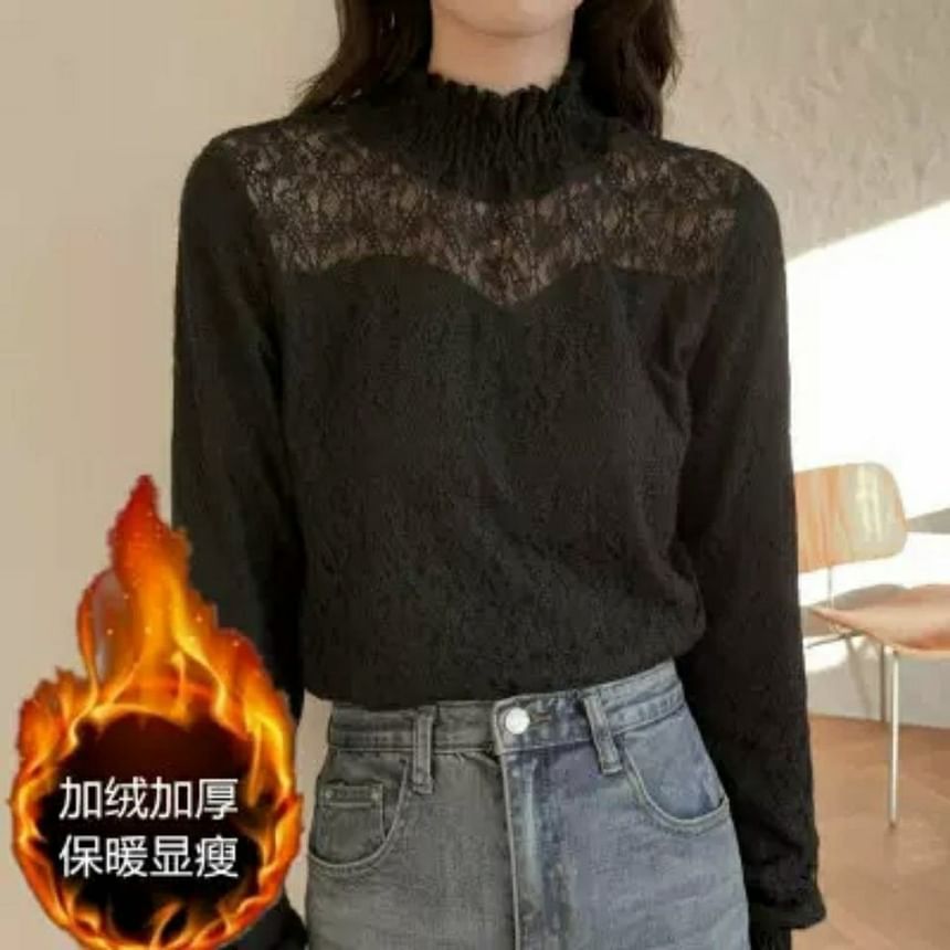 Long-Sleeve Neck Mock Lace Plain Top