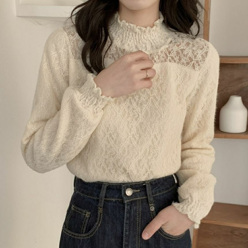 Long-Sleeve Neck Mock Lace Plain Top