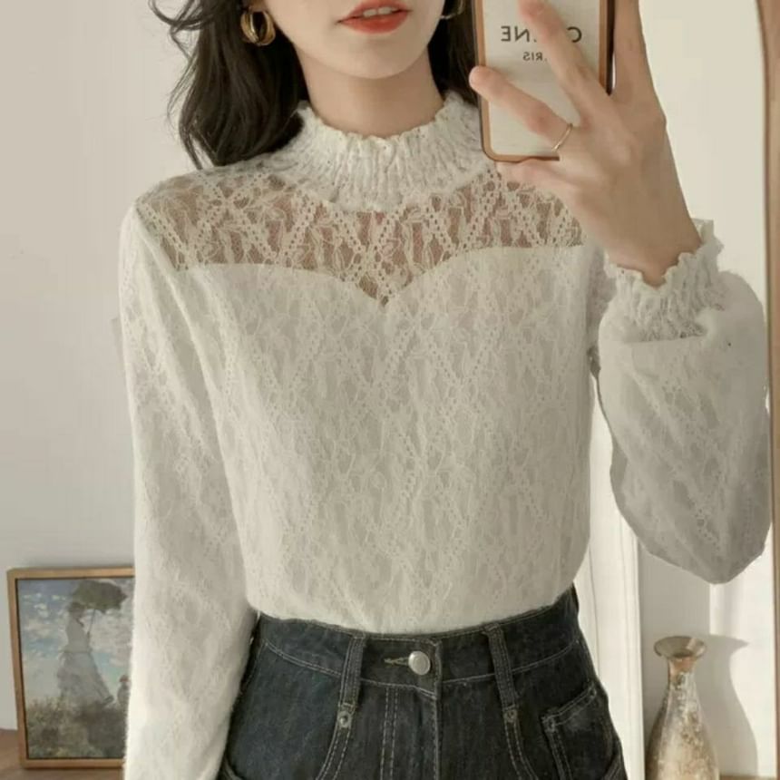 Long-Sleeve Neck Mock Lace Plain Top