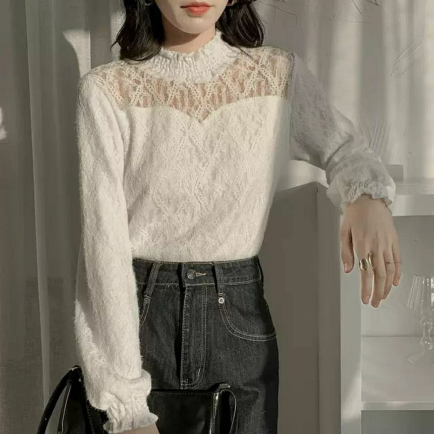 Long-Sleeve Neck Mock Lace Plain Top