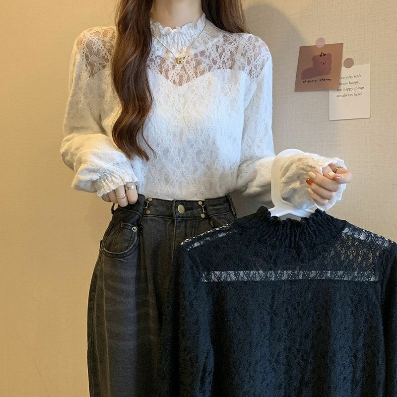 Long-Sleeve Neck Mock Lace Plain Top