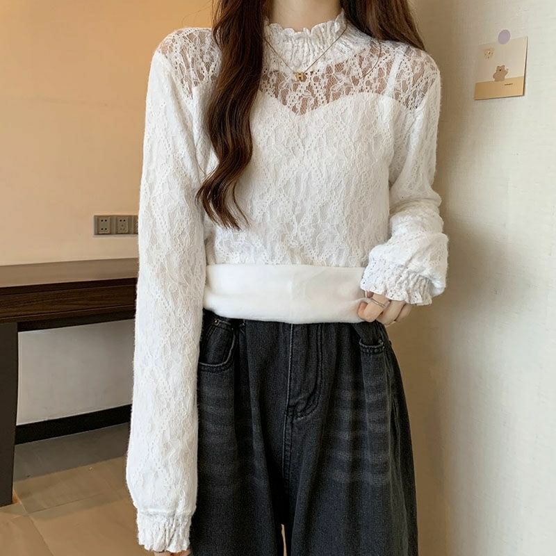 Long-Sleeve Neck Mock Lace Plain Top