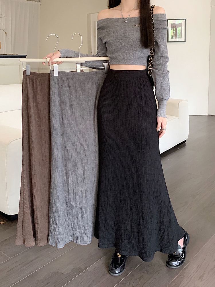 Elastic Midi Plain Skirt Waist A-Line