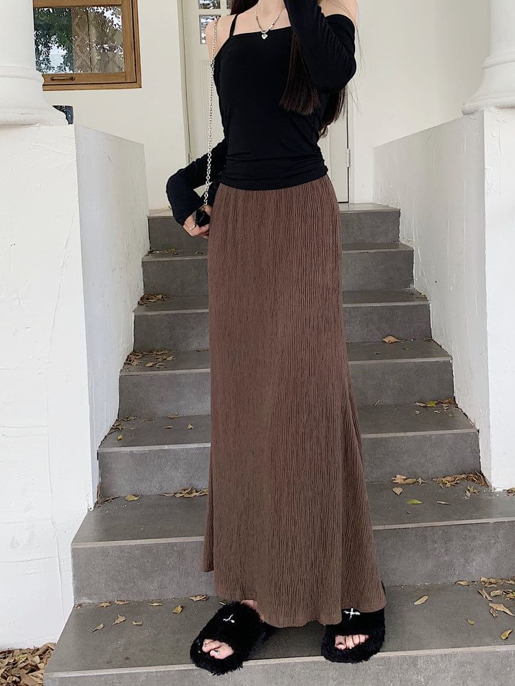 Elastic Midi Plain Skirt Waist A-Line