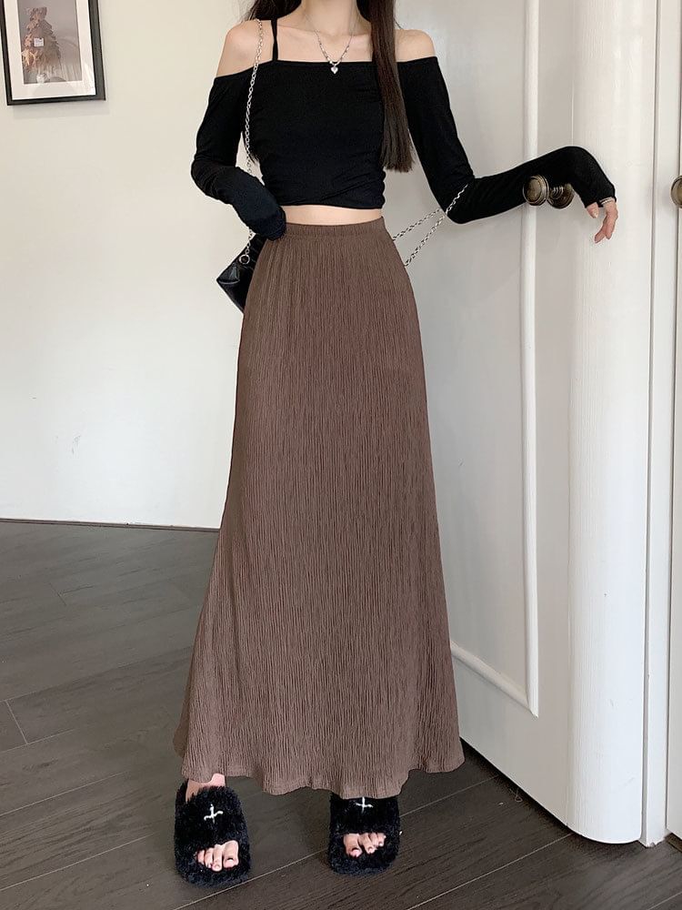Elastic Midi Plain Skirt Waist A-Line